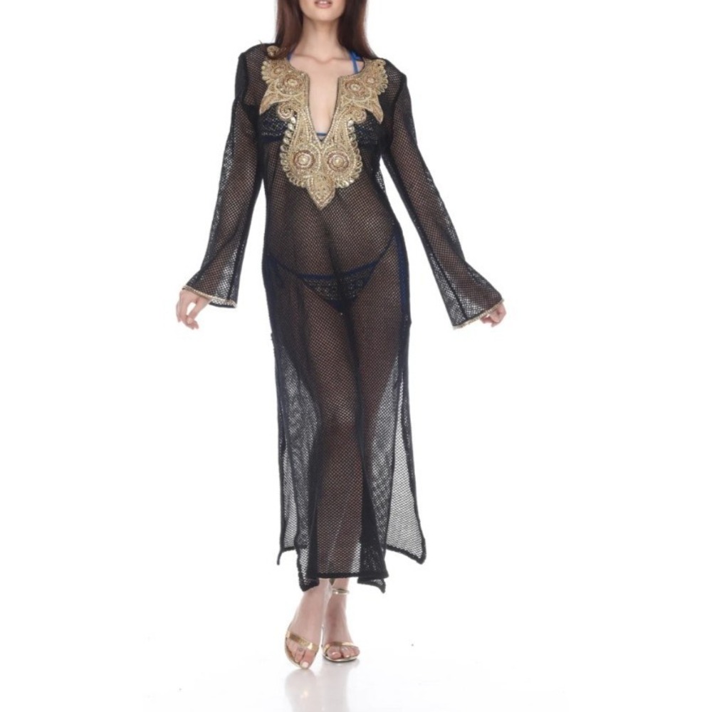 Manish Vaid Dress Cover-Up Medium Black Gold Embellished Resort Beach Poolside